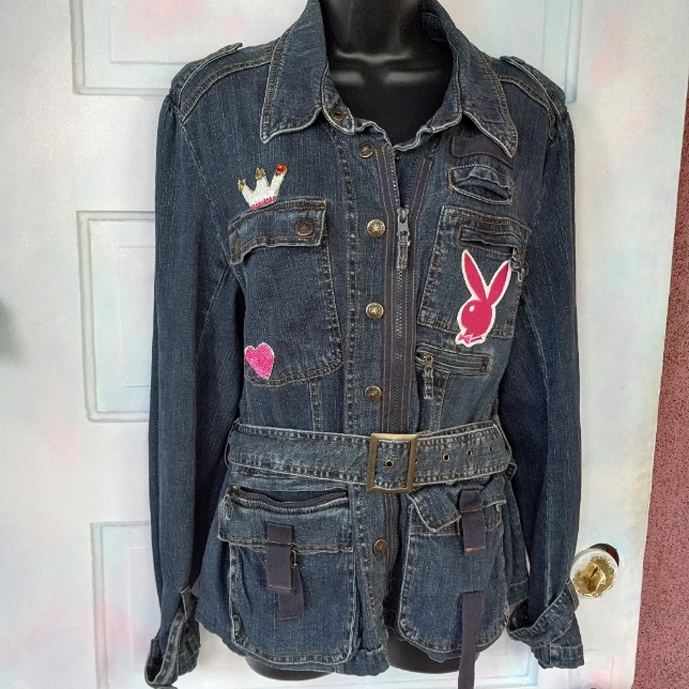 Custom PLAYBOY late 90s/early y2k belted denim jacket w all the trimmings